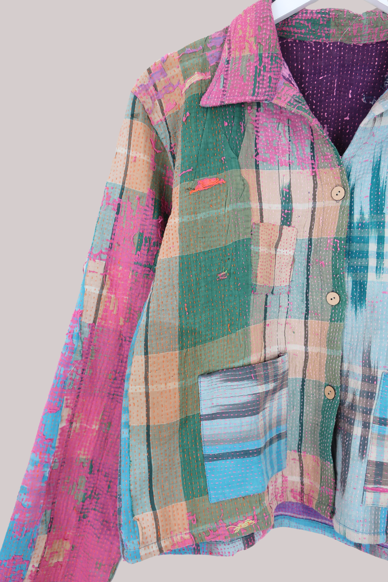 Vintage Kantha Worker Jacket in Paintbox Plaid - Size S/M