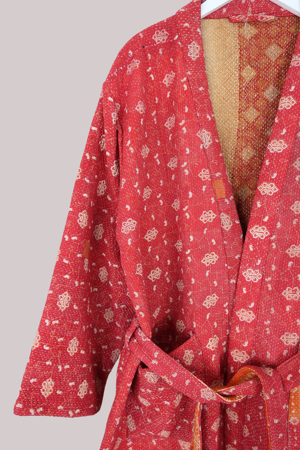 Vintage Kantha Robe in Emperor's Crimson - Free Size