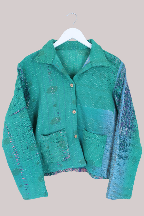 Vintage Kantha Worker Jacket in Distressed Sea Green - Size S/M