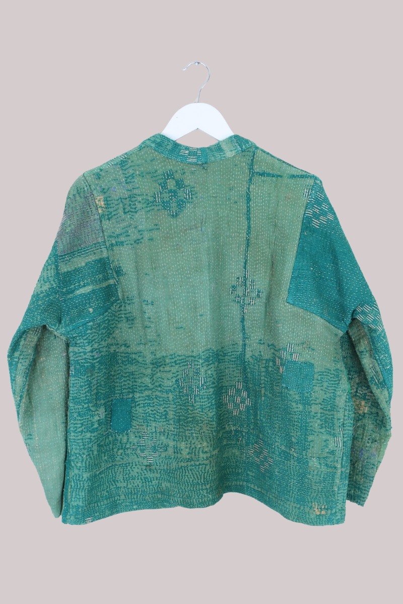 Vintage Kantha Liner Jacket in Abstract Teal Patchwork - Size M/L