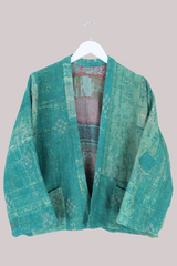 Vintage Kantha Liner Jacket in Abstract Teal Patchwork - Size M/L