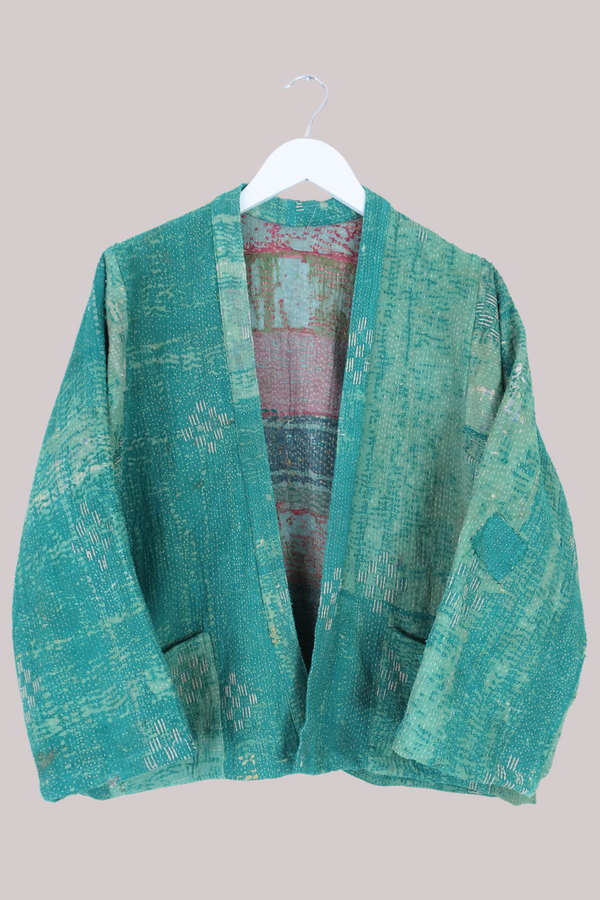 Vintage Kantha Liner Jacket in Abstract Teal Patchwork - Size M/L