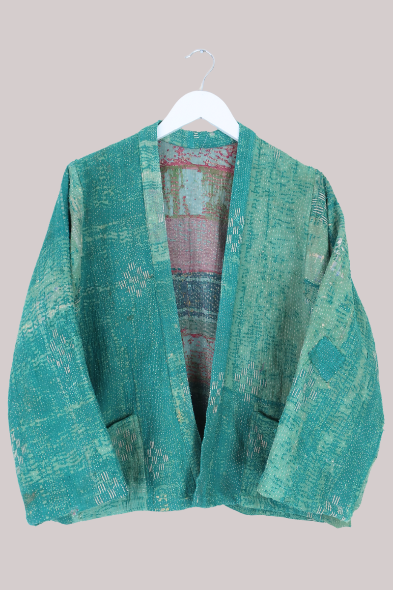 Vintage Kantha Liner Jacket in Abstract Teal Patchwork - Size M/L