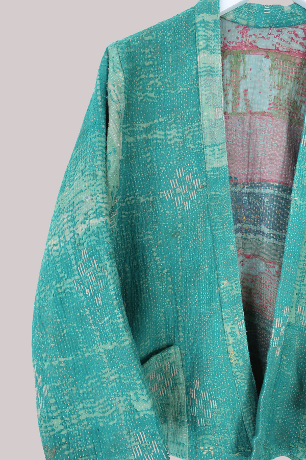 Vintage Kantha Liner Jacket in Abstract Teal Patchwork - Size M/L