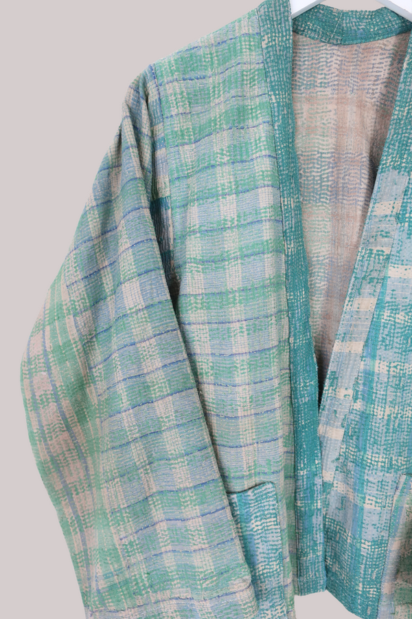 Vintage Kantha Liner Jacket in Distressed Aquamarine Plaid - Size M/L