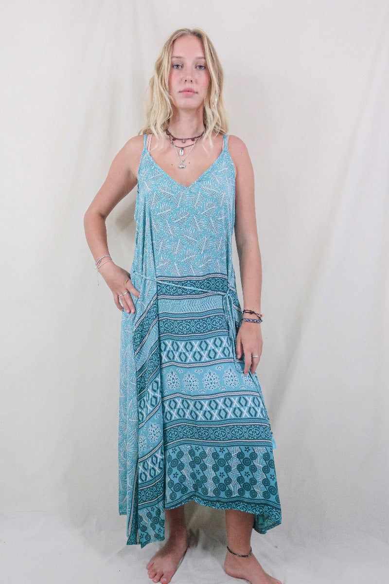 Jamie Dress - Indian Sari Slip - Beach Blue Ferns - Size M/L By All About Audrey