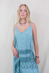 Jamie Dress - Indian Sari Slip - Beach Blue Ferns - Size M/L By All About Audrey