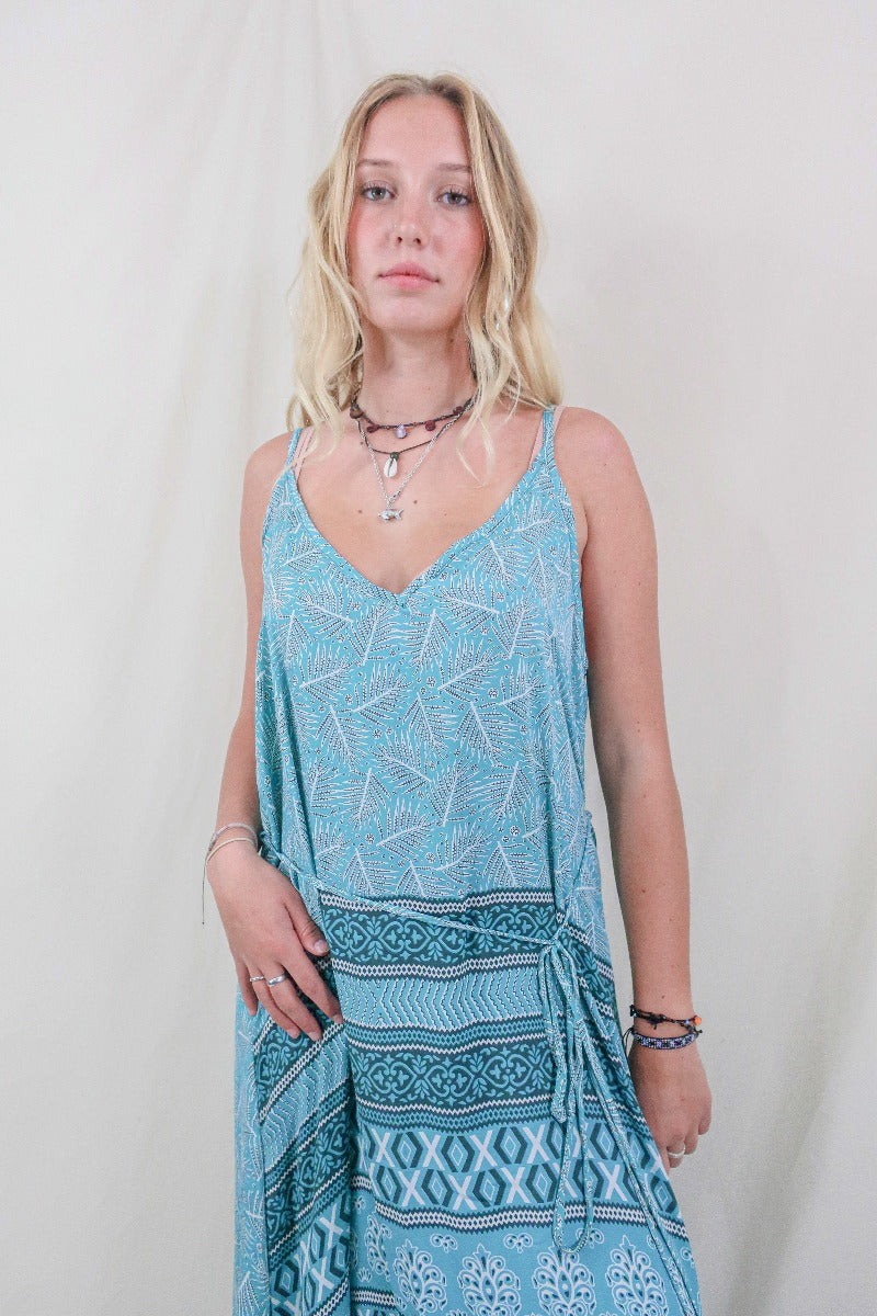 Jamie Dress - Indian Sari Slip - Beach Blue Ferns - Size M/L By All About Audrey