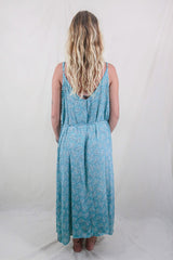 Jamie Dress - Indian Sari Slip - Beach Blue Ferns - Size M/L By All About Audrey