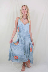 Jamie Dress - Indian Sari Slip - Beau Blue Floral - Size S/M By All About Audrey