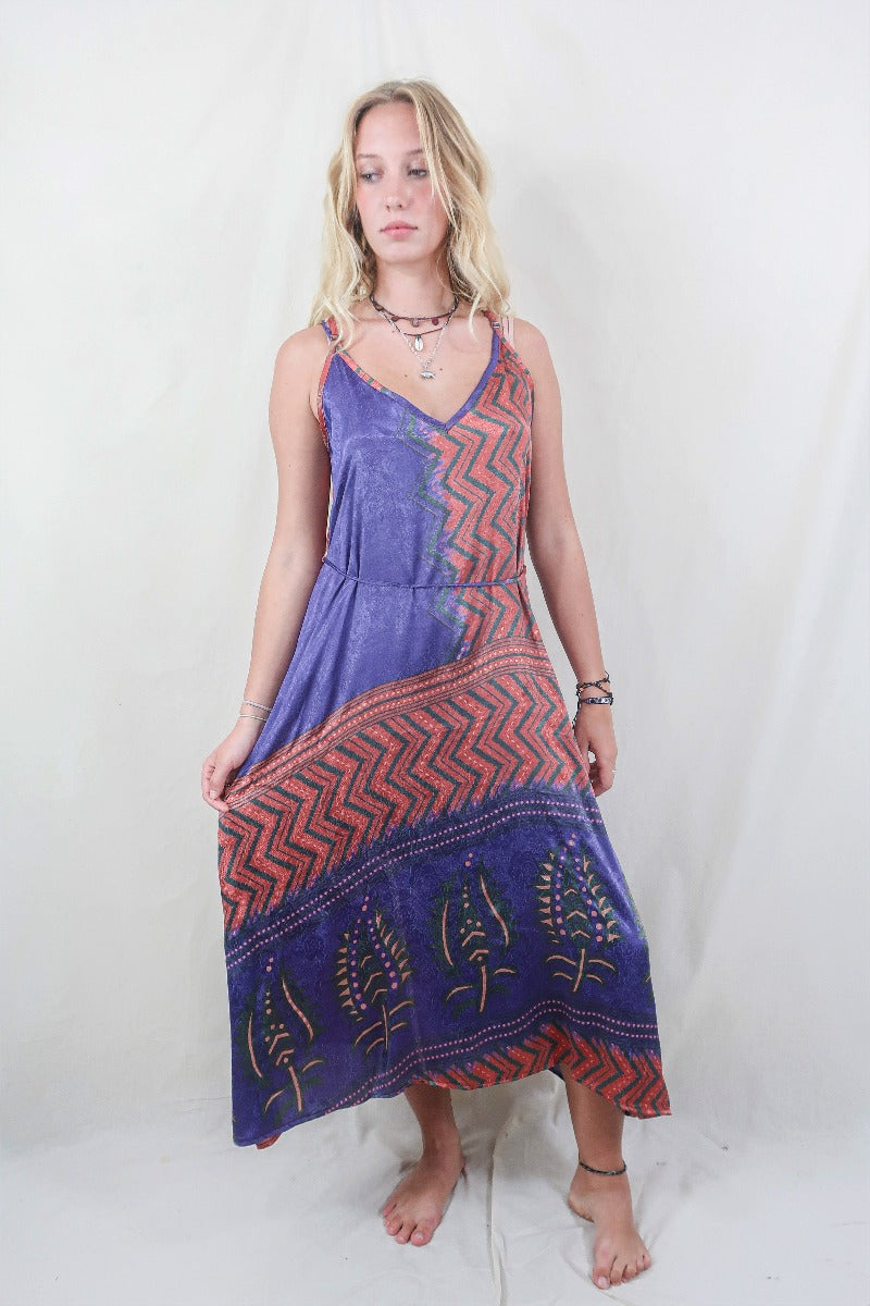 Jamie Dress - Indian Sari Slip - Rust Red & Violet Chevron - Size S/M By All About Audrey
