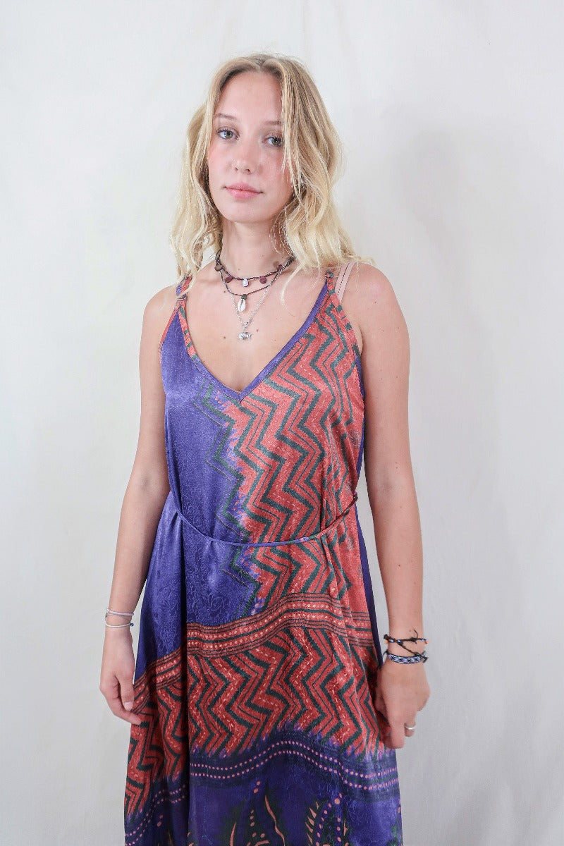 Jamie Dress - Indian Sari Slip - Rust Red & Violet Chevron - Size S/M By All About Audrey