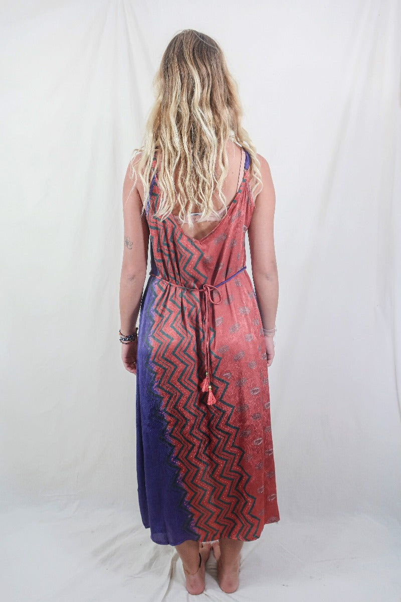 Jamie Dress - Indian Sari Slip - Rust Red & Violet Chevron - Size S/M By All About Audrey