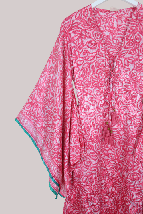 Cassandra Maxi Kaftan in Pink Bubble & Emerald - Size S/M
