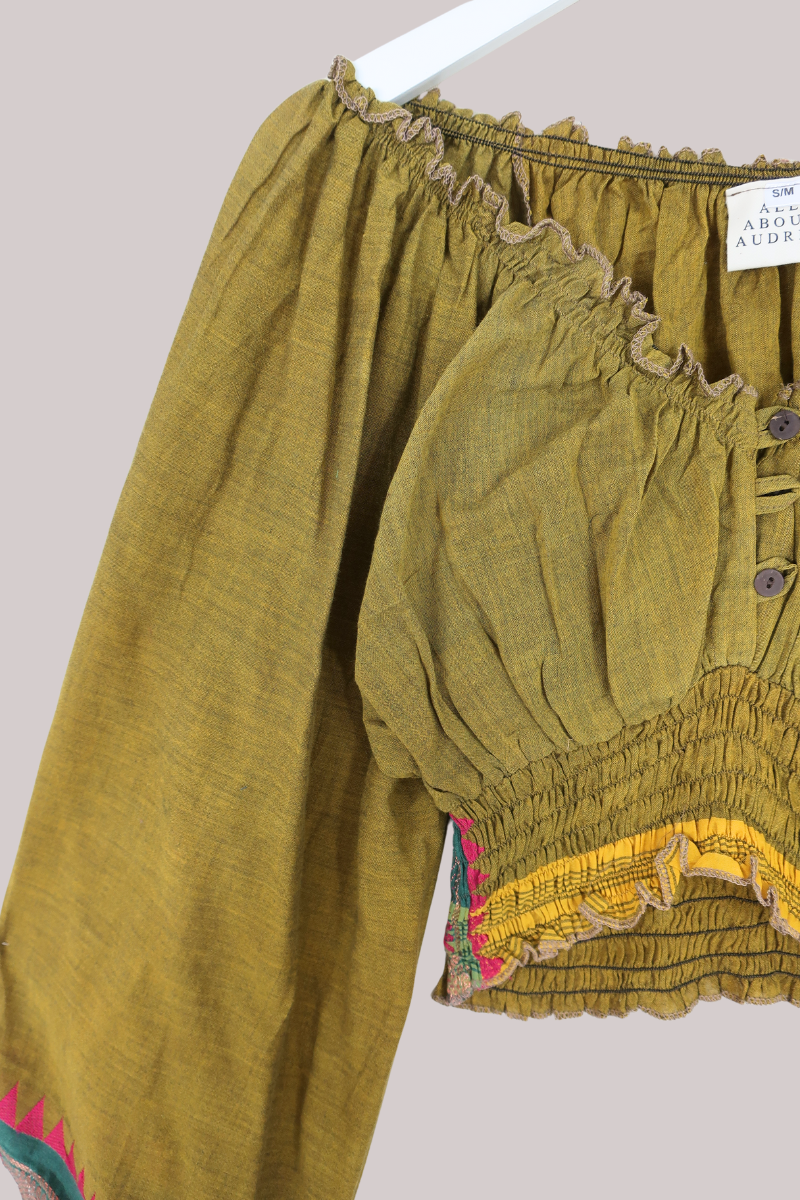 Libra Vintage Cotton Top - Olive Embroidery - Size S/M