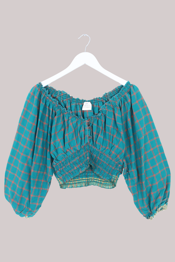 Libra Vintage Cotton Top - Teal Plaid - Size L