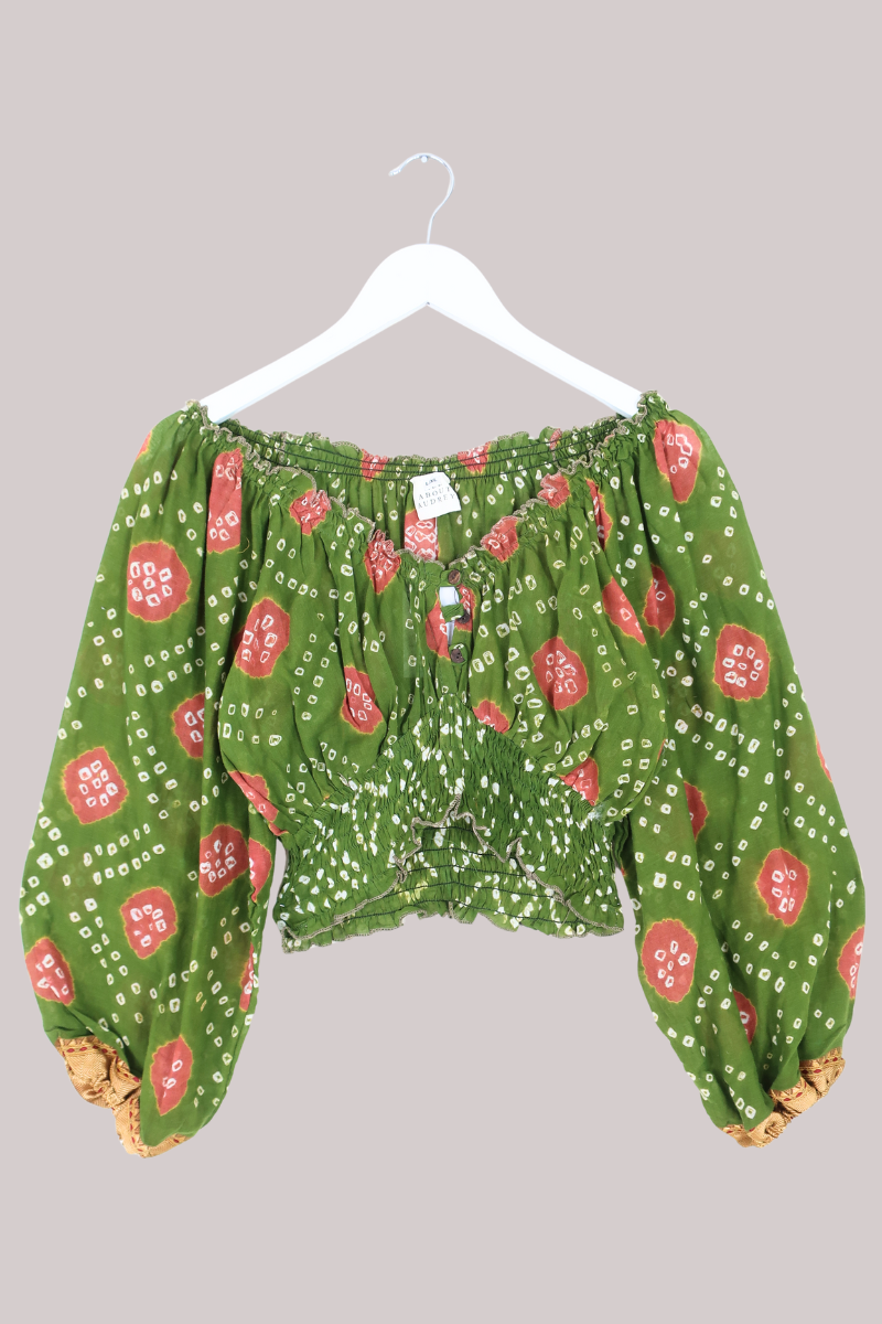Libra Vintage Cotton Top - Abstract Olive & Red - Size L