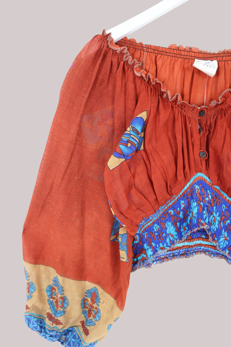 Libra Vintage Cotton Top - Rust & Blue Abstract Moroccan - Size S/M