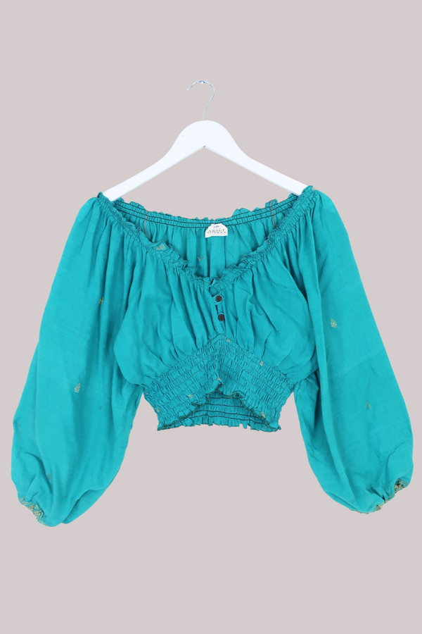 Libra Vintage Cotton Top - Seafoam Green & Gold - Size L