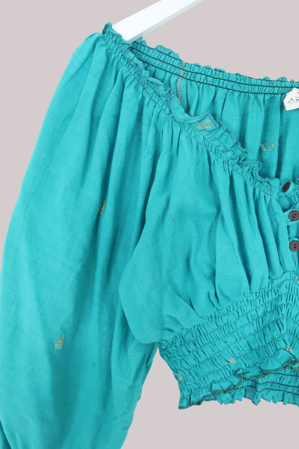 Libra Vintage Cotton Top - Seafoam Green & Gold - Size L