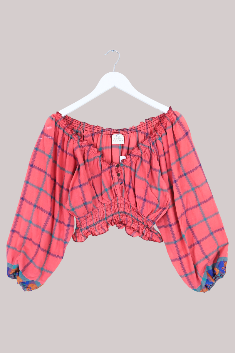 Libra Vintage Cotton Top - Sunkissed Coral Check - Size L