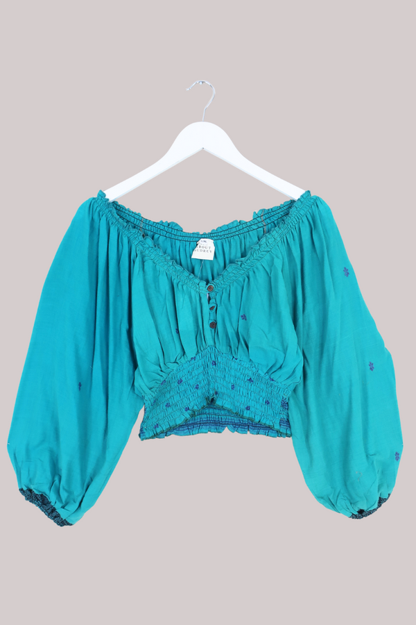 Libra Vintage Cotton Top - Embroidered Blue Flowers - Size L
