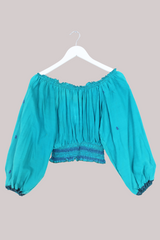 Libra Vintage Cotton Top - Embroidered Blue Flowers - Size L
