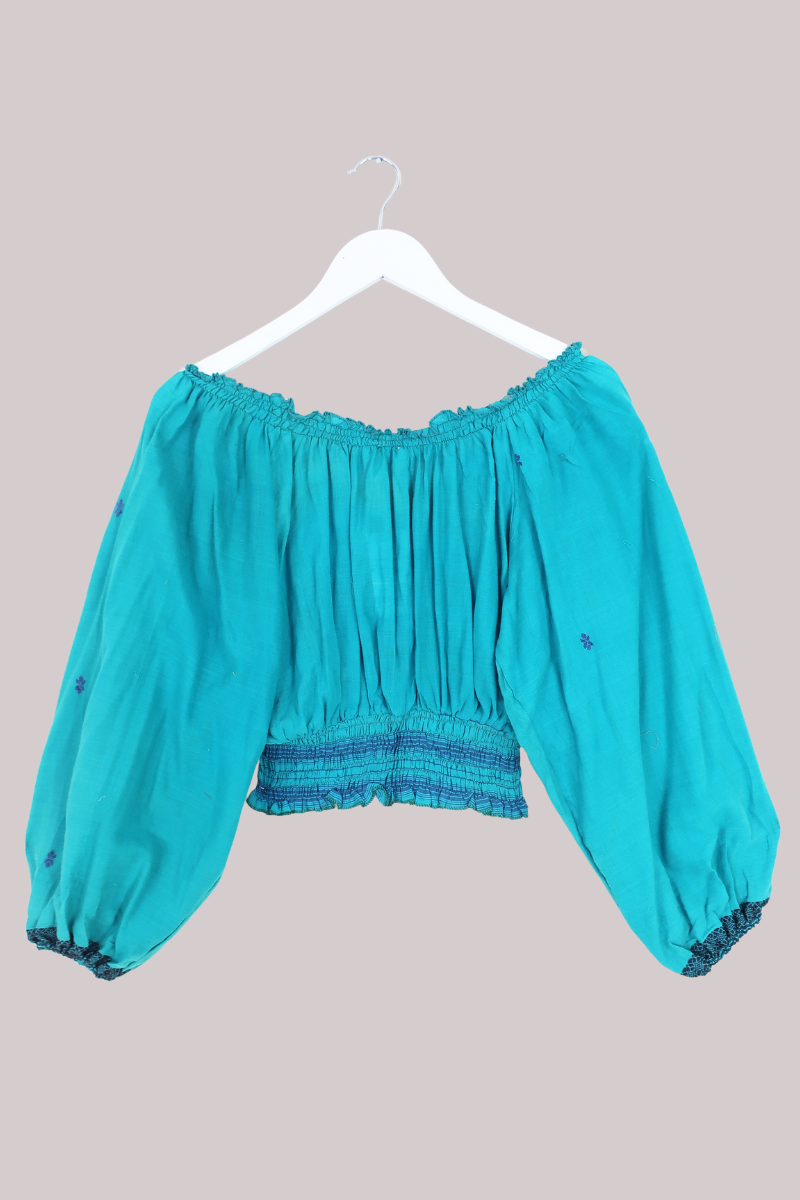 Libra Vintage Cotton Top - Embroidered Blue Flowers - Size L