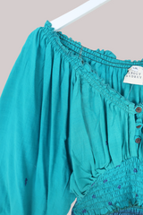 Libra Vintage Cotton Top - Embroidered Blue Flowers - Size L