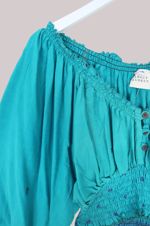 Libra Vintage Cotton Top - Embroidered Blue Flowers - Size L