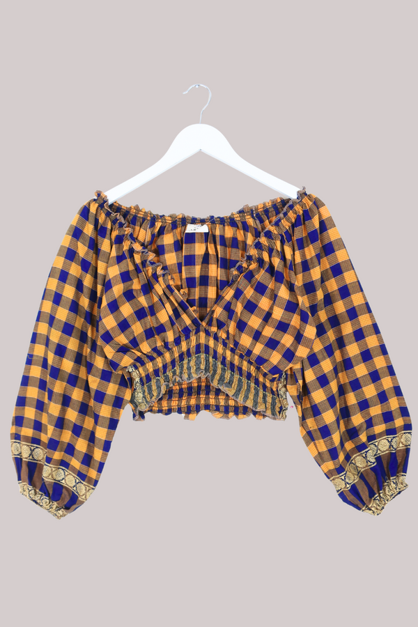 Libra Vintage Cotton Top - Navy & Yellow Check - Size S/M