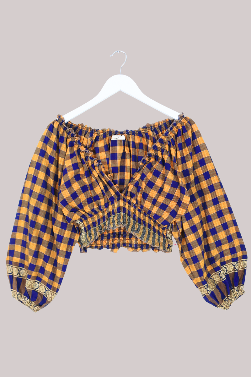 Libra Vintage Cotton Top - Navy & Yellow Check - Size S/M