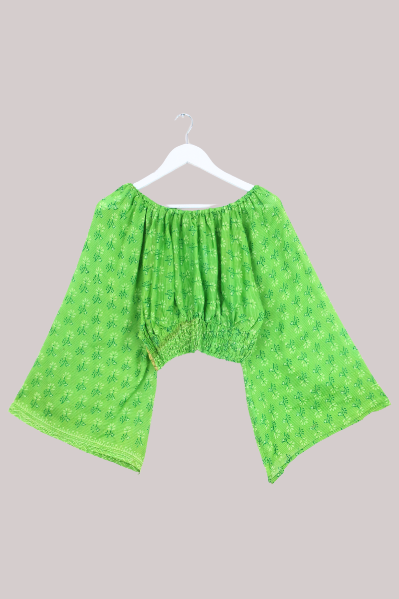 Scorpio Vintage Cotton Top - Lime Block Print Floral - Free Size