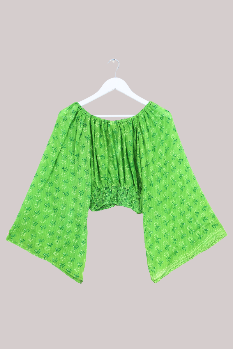 Scorpio Vintage Cotton Top - Lime Block Print Floral - Free Size