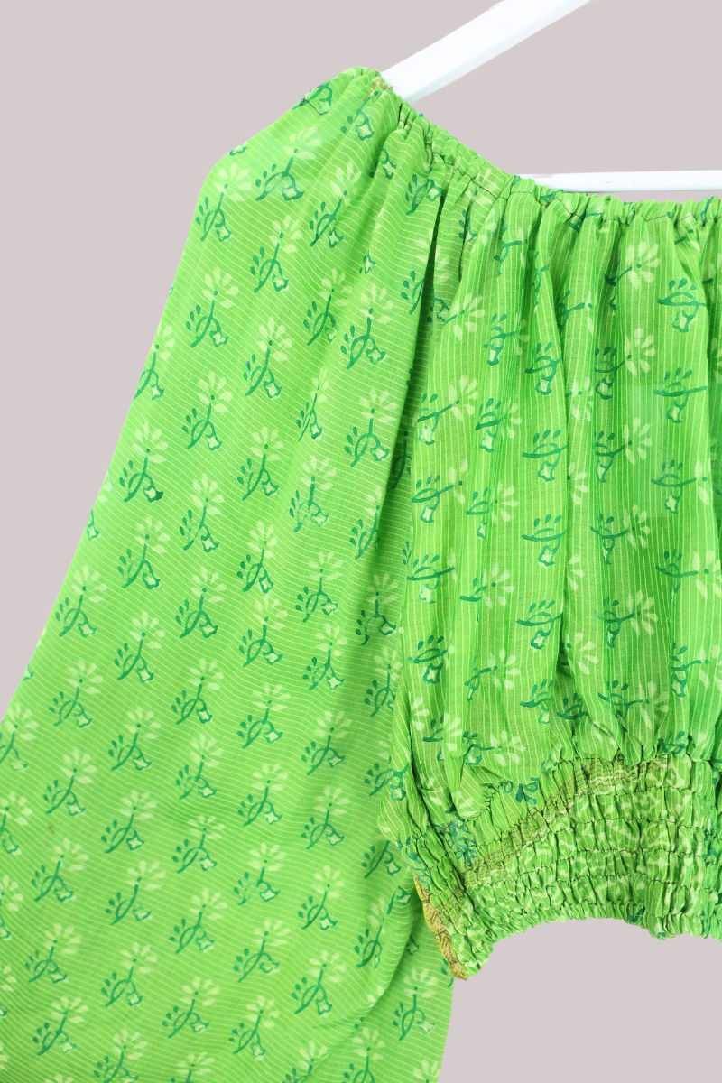Scorpio Vintage Cotton Top - Lime Block Print Floral - Free Size