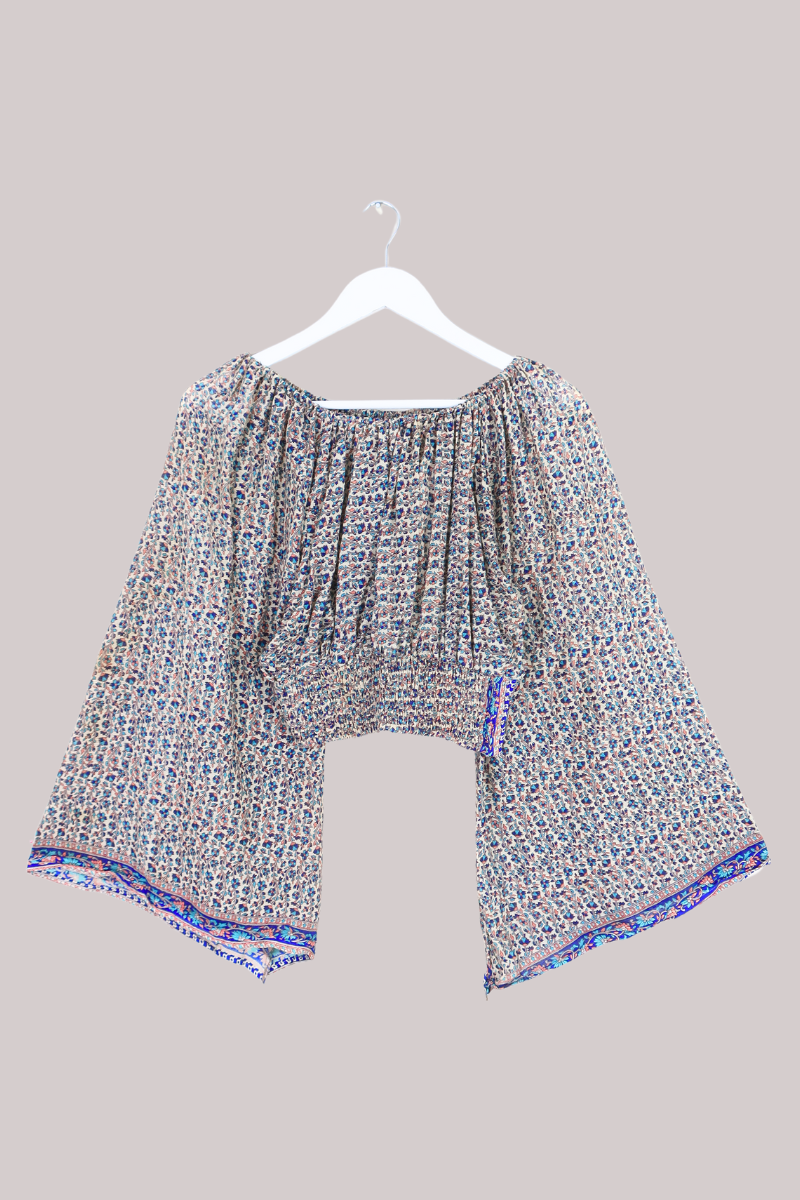 Scorpio Vintage Cotton Top - Oat & Aqua Indian Floral - Free Size