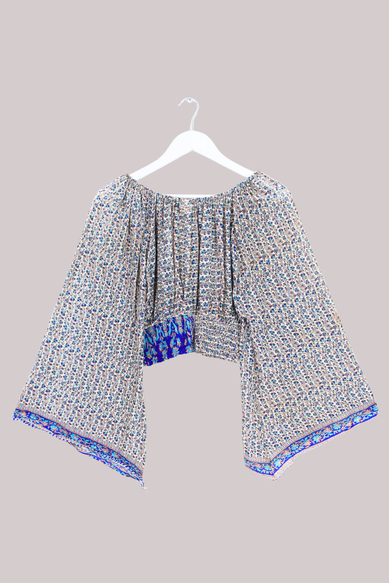 Scorpio Vintage Cotton Top - Oat & Aqua Indian Floral - Free Size