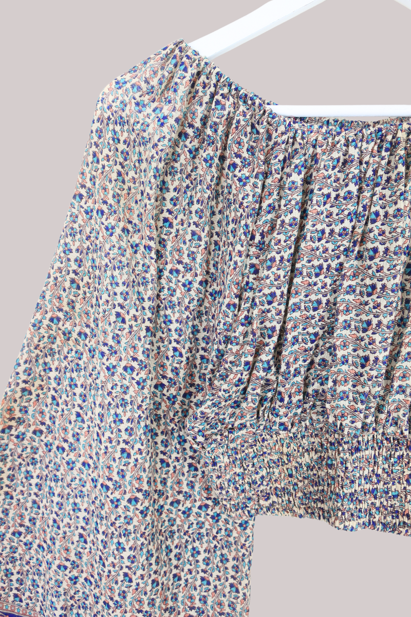 Scorpio Vintage Cotton Top - Oat & Aqua Indian Floral - Free Size