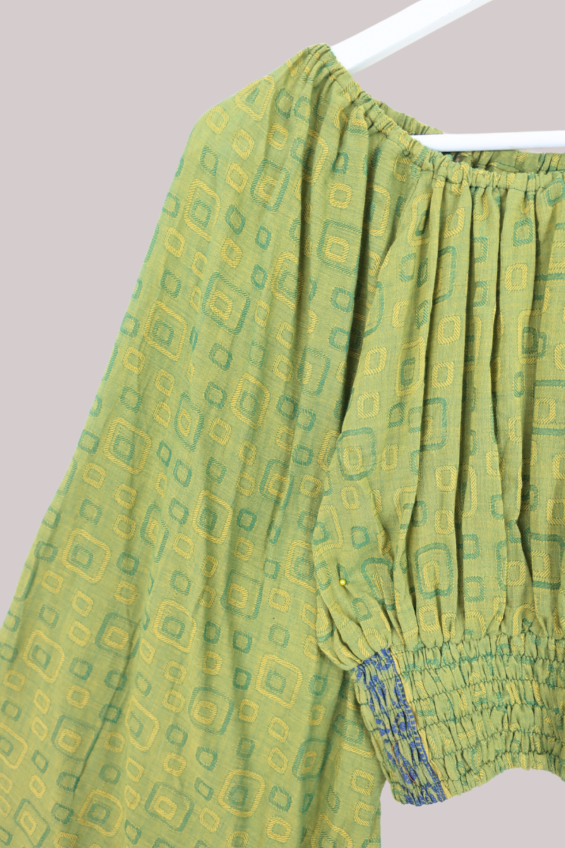 Scorpio Vintage Cotton Top - Pine & Gold Geometric Print - Free Size