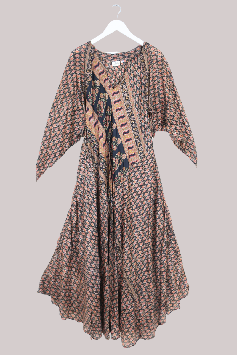 Goddess Pure Silk Dress - Black Floral Motif - Size M/L