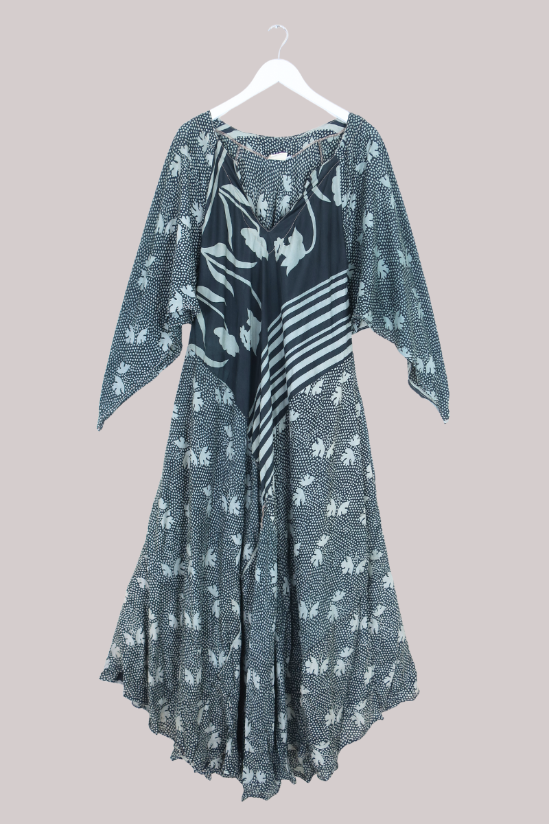 Goddess Pure Silk Dress - Monochrome Polka Florals - Size XL/XXL