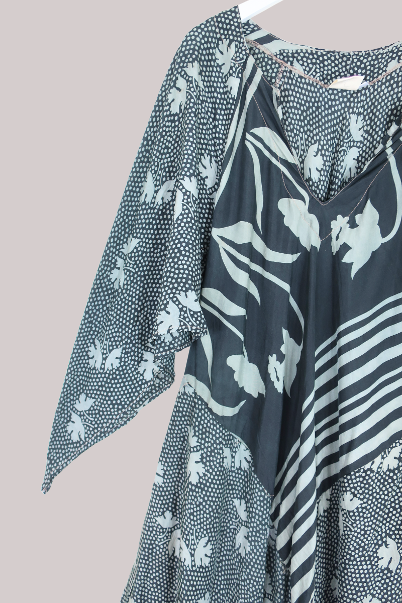 Goddess Pure Silk Dress - Monochrome Polka Florals - Size XL/XXL