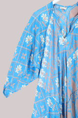 Goddess Vintage Sari Dress - Sky Blue Beige - Size XL/XXL