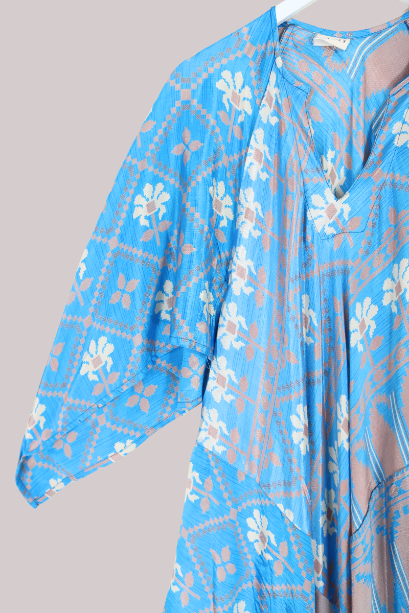 Goddess Vintage Sari Dress - Sky Blue Beige - Size XL/XXL