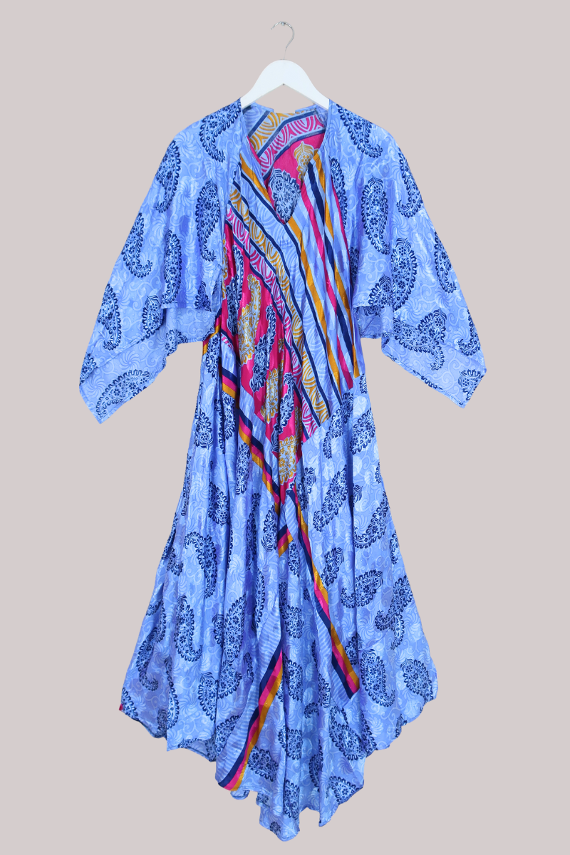 Goddess Vintage Sari Dress - Cerulean Magenta Paisley - Size XL/XXL