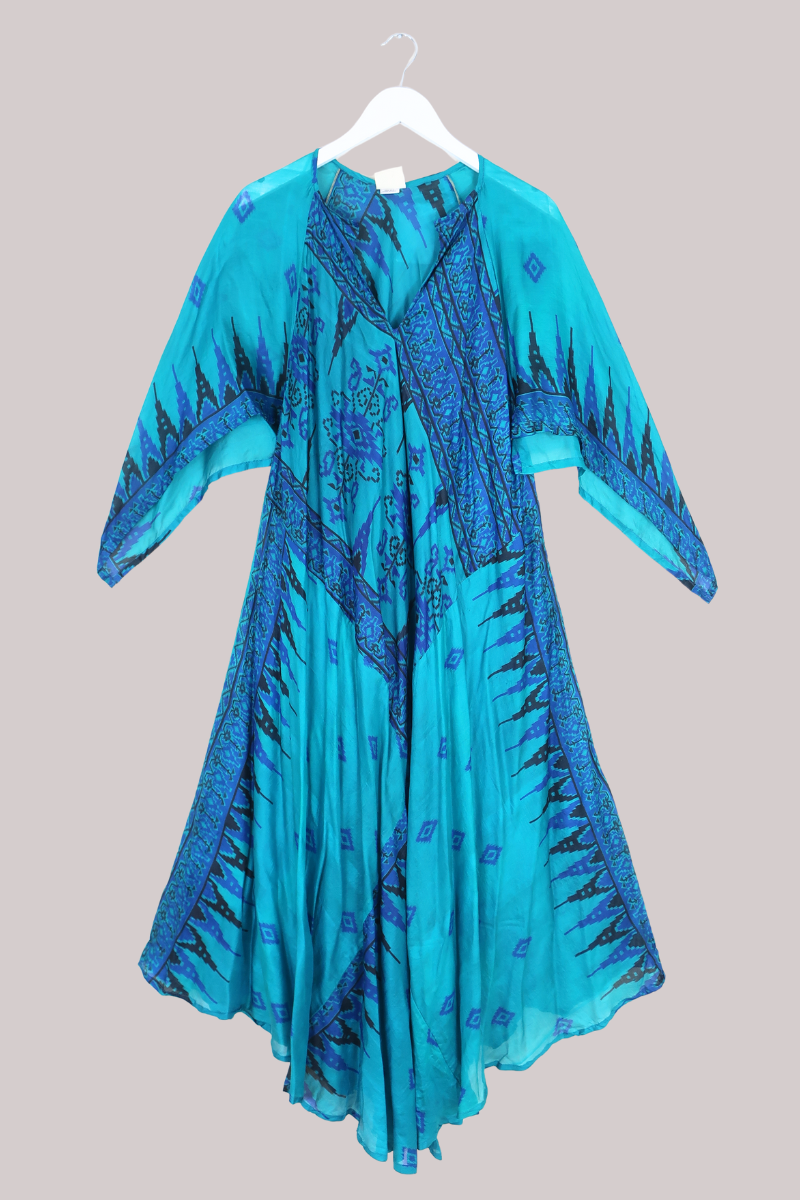 Goddess Pure Silk Dress - Teal Abstract Print - Size XL/XXL
