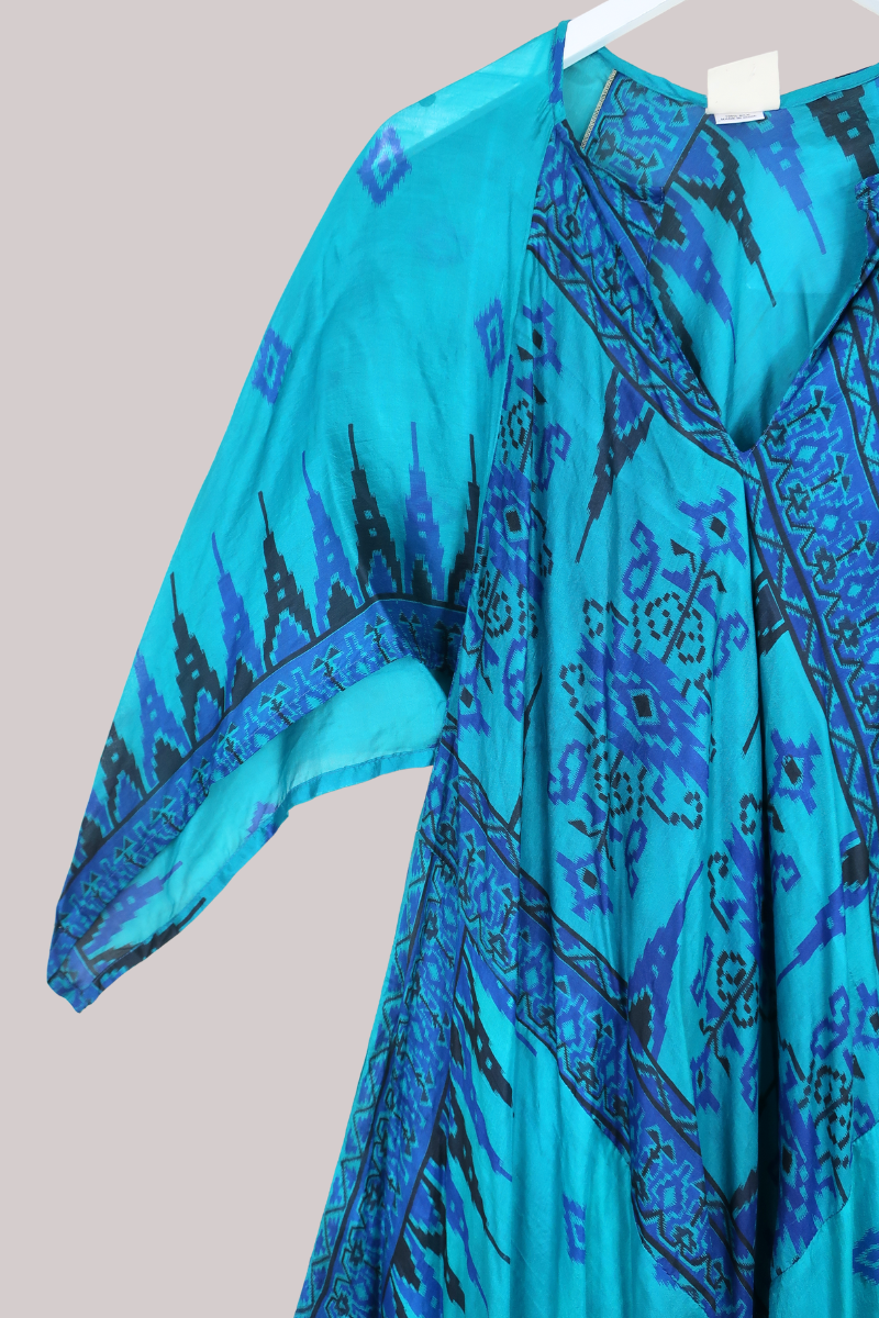 Goddess Pure Silk Dress - Teal Abstract Print - Size XL/XXL
