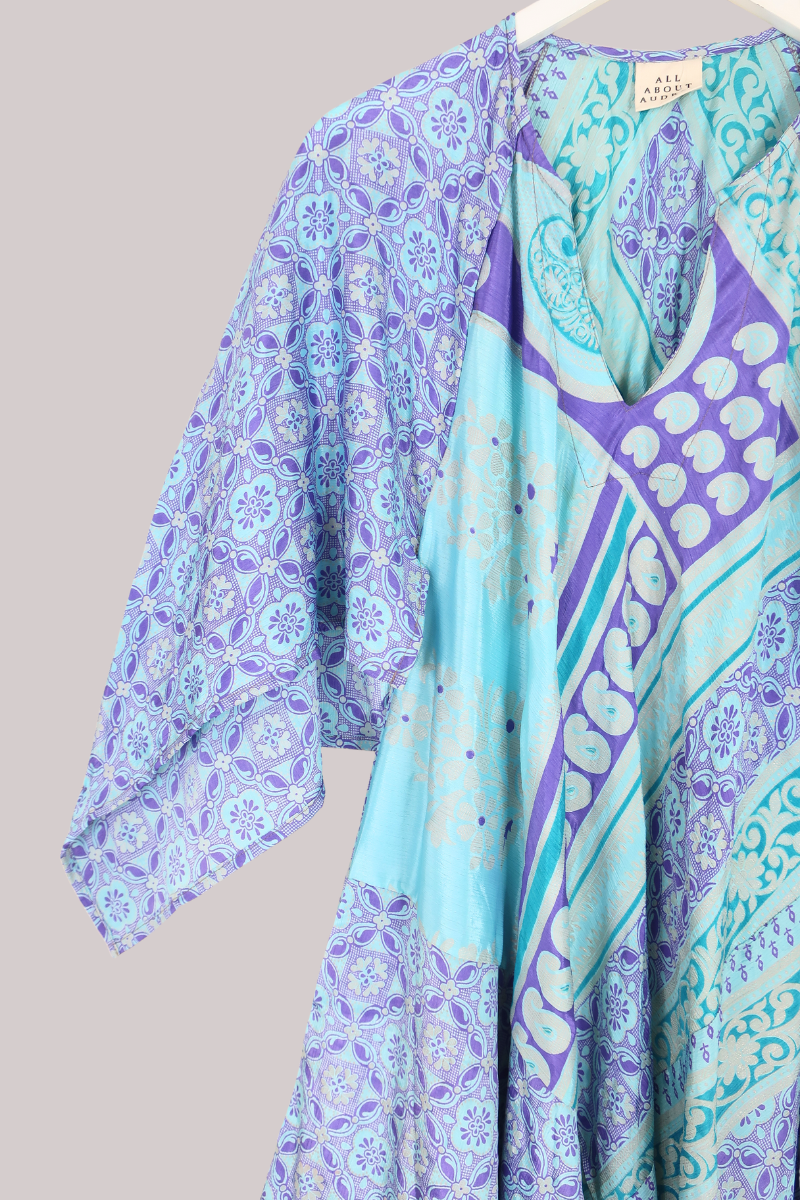 Goddess Vintage Sari Dress - Moroccan Lilac & Blue Print - Size M/L
