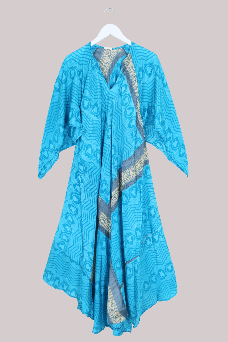Goddess Vintage Sari Dress - Abstract Turquoise - Size L/XL