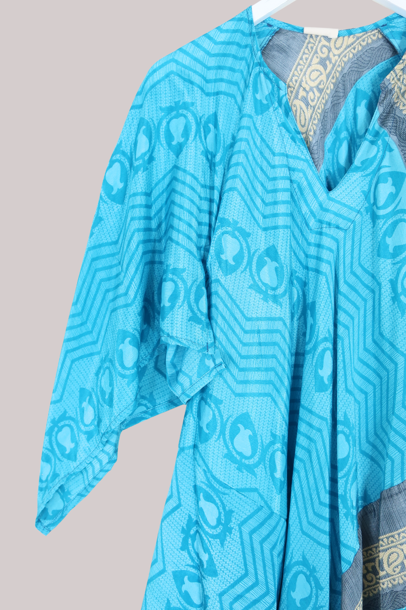 Goddess Vintage Sari Dress - Abstract Turquoise - Size L/XL